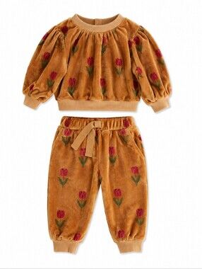 Émile et Ida Caramel Velvet Floral Sweatshirt & Jogger Set Size 3m